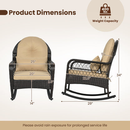 Outdoor wicker rocking chair with beige cushions by DirectDeals, 400 lb capacity on Tampa Home & Garden Store