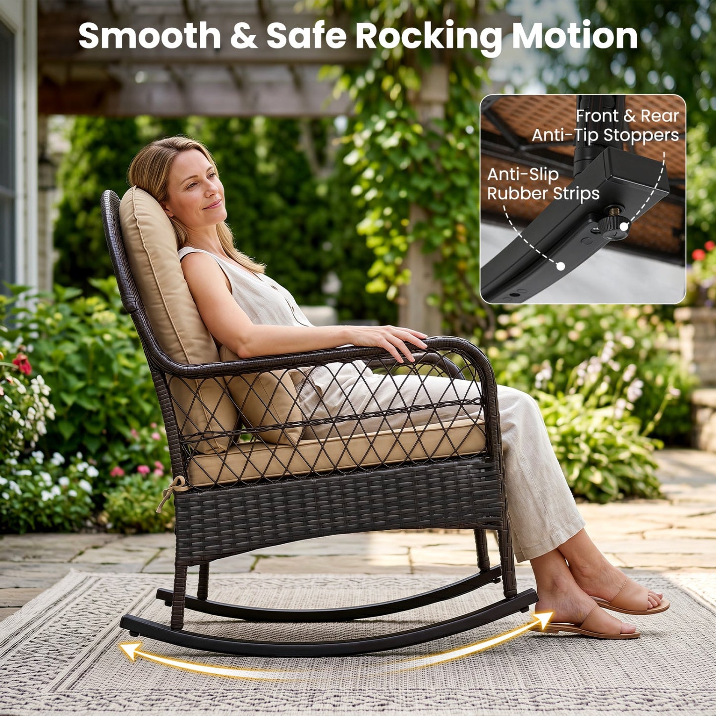 Outdoor Wicker Rocking Chair DirectDeals, dark brown wicker, beige cushions, 400 LBS capacity on Tampa Home & Garden Store
