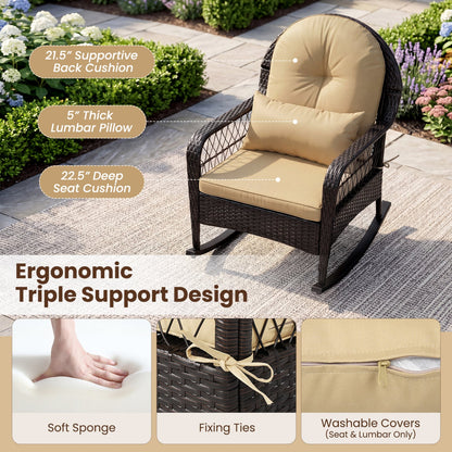 DirectDeals outdoor wicker rocking chair with beige cushions and lumbar pillow on Tampa Home & Garden Store