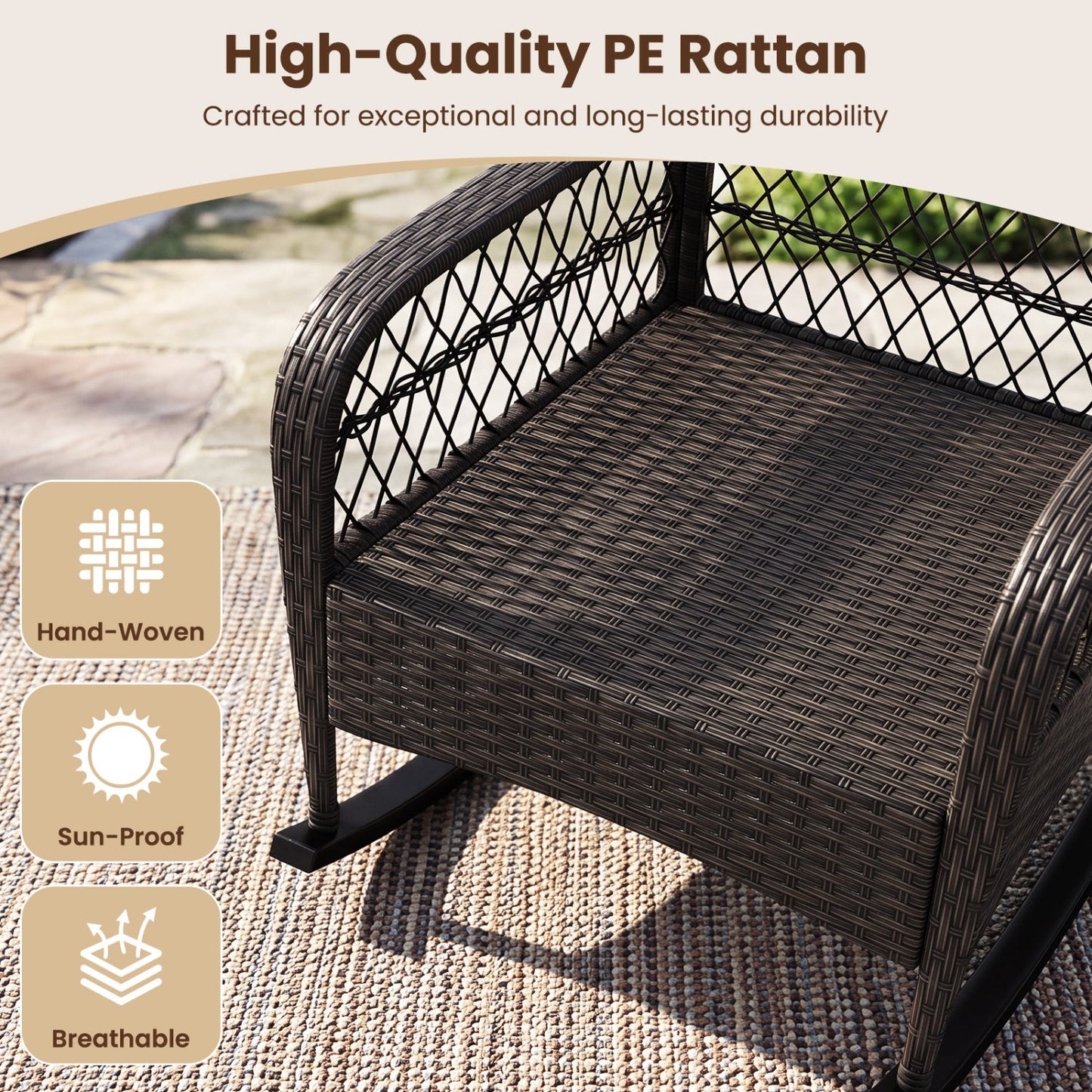 Outdoor wicker rocking chair DirectDeals dark brown PE rattan with woven seat 400 LBS capacity on Tampa Home & Garden Store
