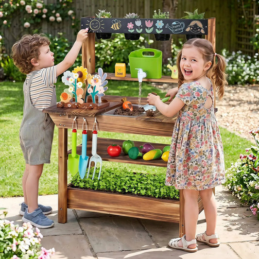 Outdoor wooden mud kitchen with water faucet and planter, kids play set with tools on Tampa Home & Garden Store