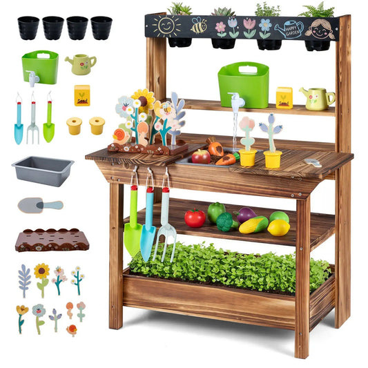 Outdoor wooden mud kitchen with water faucet planter DirectDeals, green bucket, tools, pots on Tampa Home & Garden Store