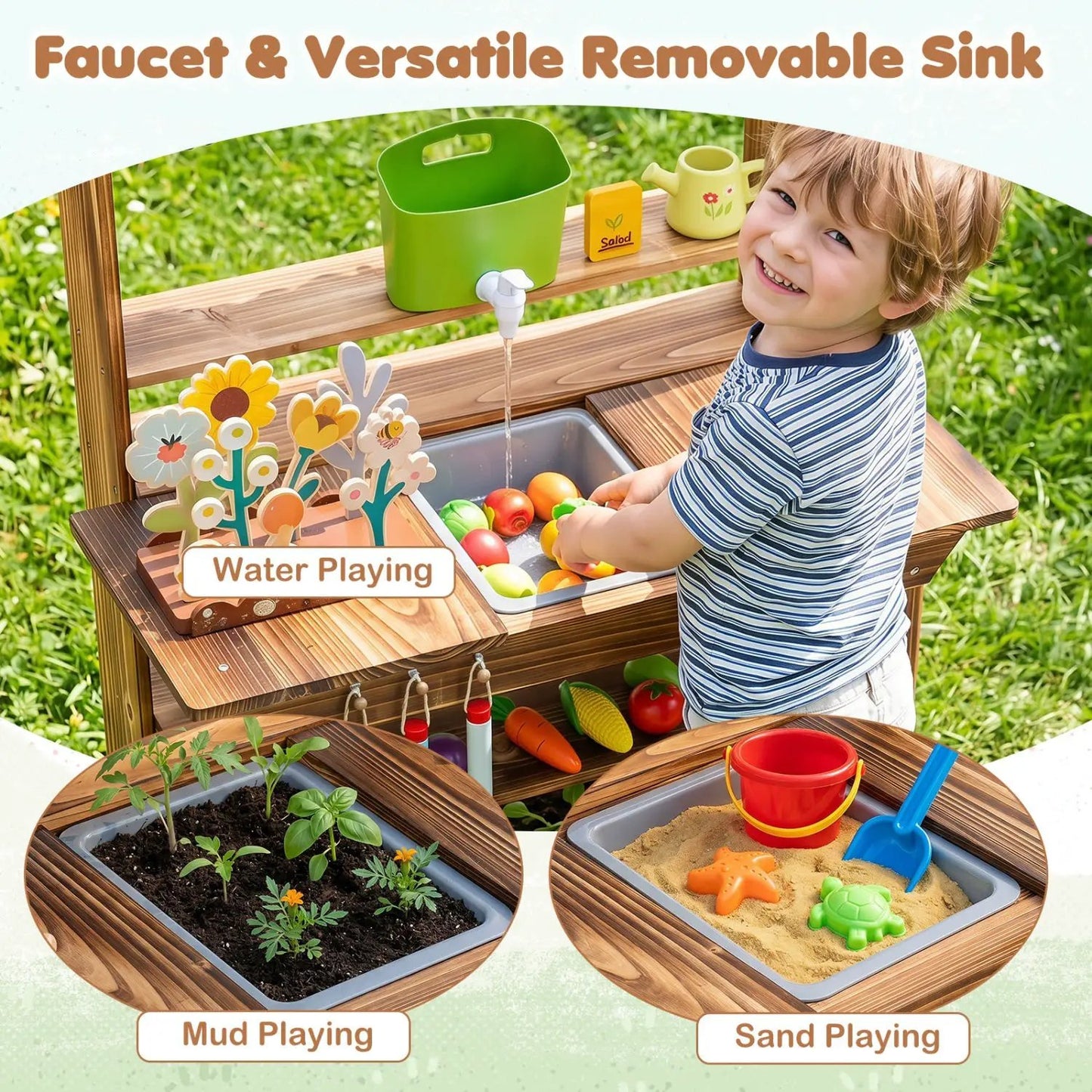 Outdoor Wooden Mud Kitchen With Water Faucet
