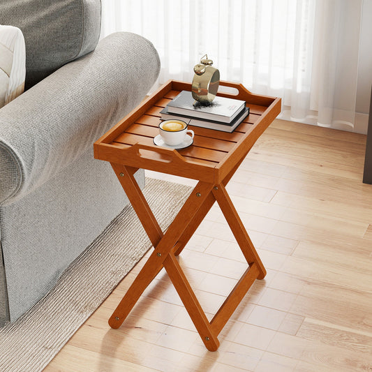Outdoor Wood Tray Table Portable Side End Table with Folding Frame - Tampa Home & Garden Store