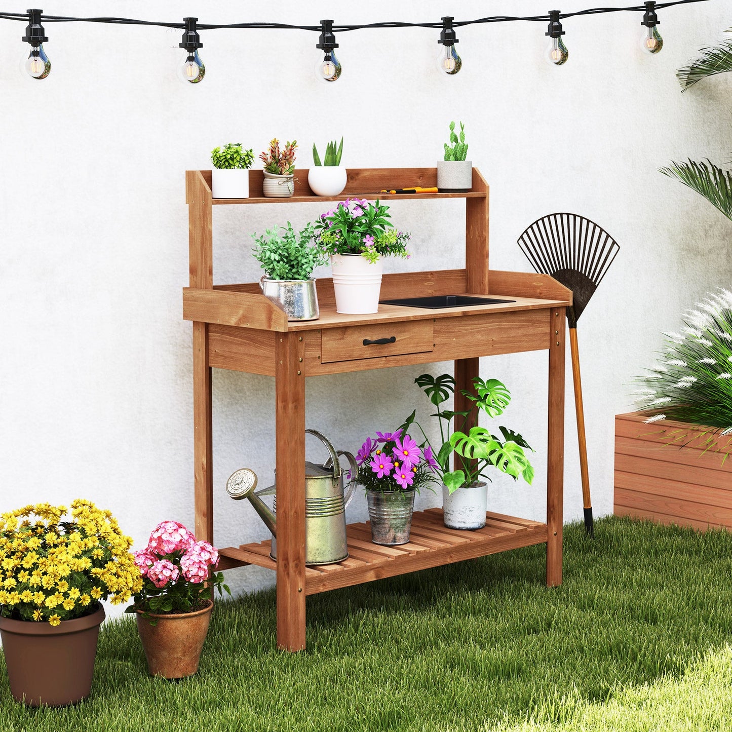Mesa de trabajo de madera para jardín con estantes de almacenamiento y cajón - Café