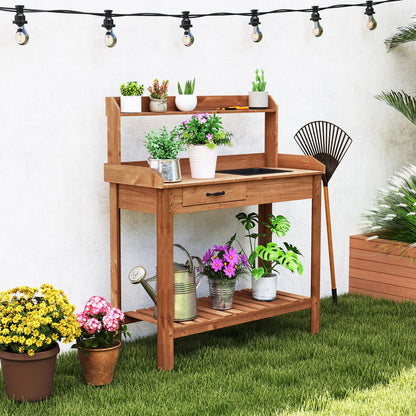 Mesa de trabajo de madera para jardín con estantes de almacenamiento y cajón - Café
