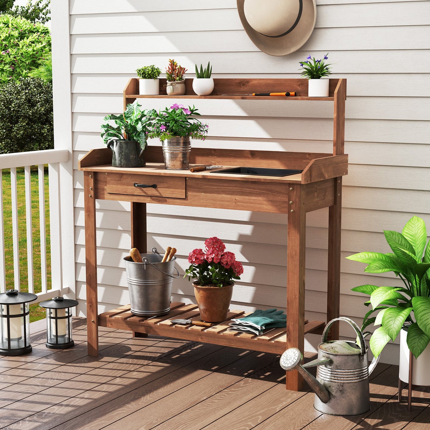 Mesa de trabajo de madera para jardín con estantes de almacenamiento y cajón - Café
