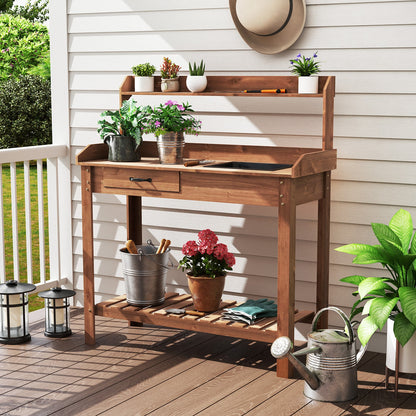 Mesa de trabajo de madera para jardín con estantes de almacenamiento y cajón - Café