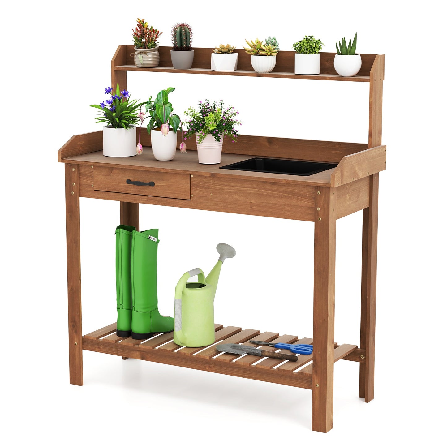 Mesa de trabajo de madera para jardín con estantes de almacenamiento y cajón - Café