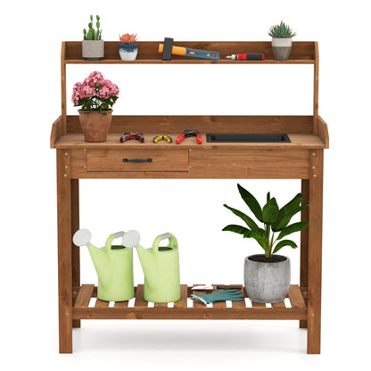 Mesa de trabajo de madera para jardín con estantes de almacenamiento y cajón - Café