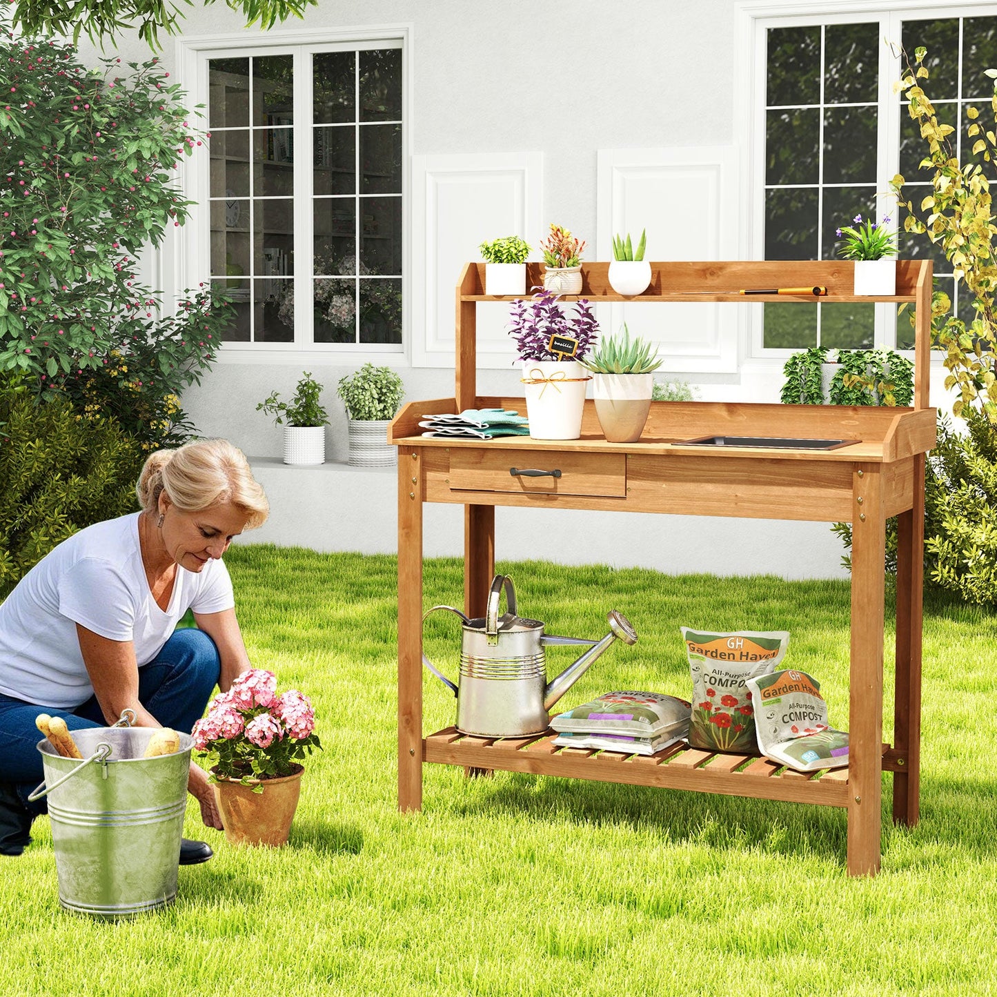 Mesa de trabajo de madera para jardín con estantes de almacenamiento y cajón - Café