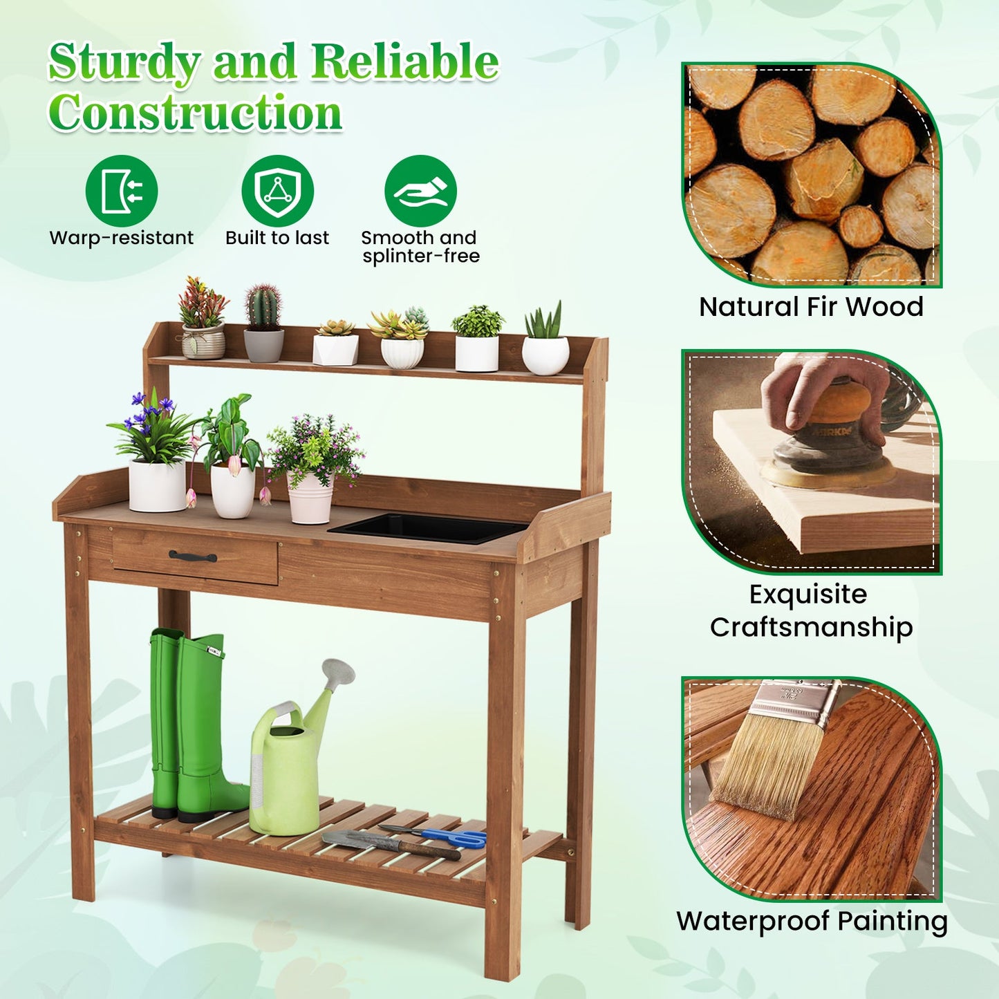 Mesa de trabajo de madera para jardín con estantes de almacenamiento y cajón - Café