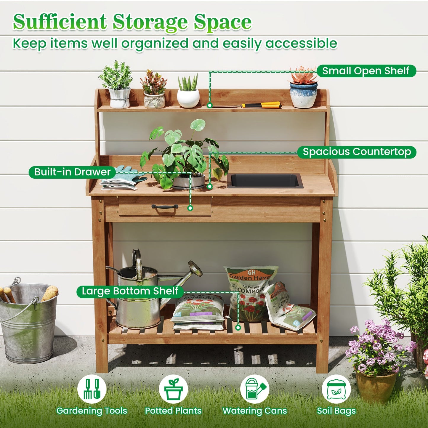 Mesa de trabajo de madera para jardín con estantes de almacenamiento y cajón - Café