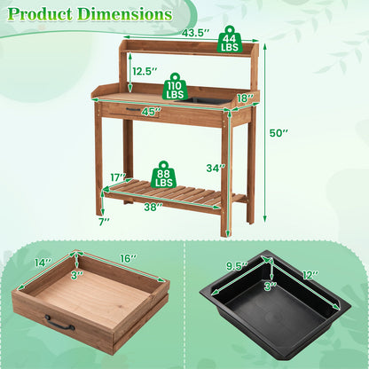 Mesa de trabajo de madera para jardín con estantes de almacenamiento y cajón - Café