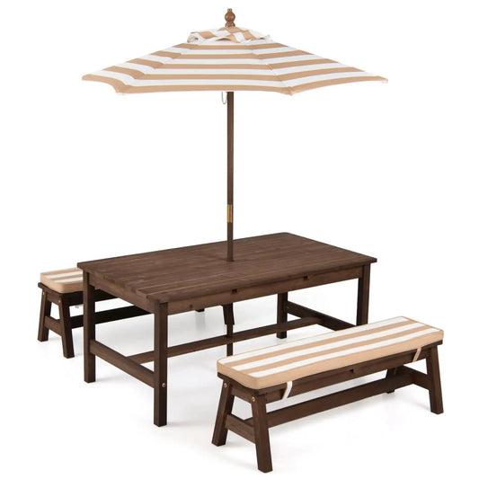 Outdoor wooden kids picnic table set with removable striped umbrella and beige cushions on Tampa Home & Garden Store