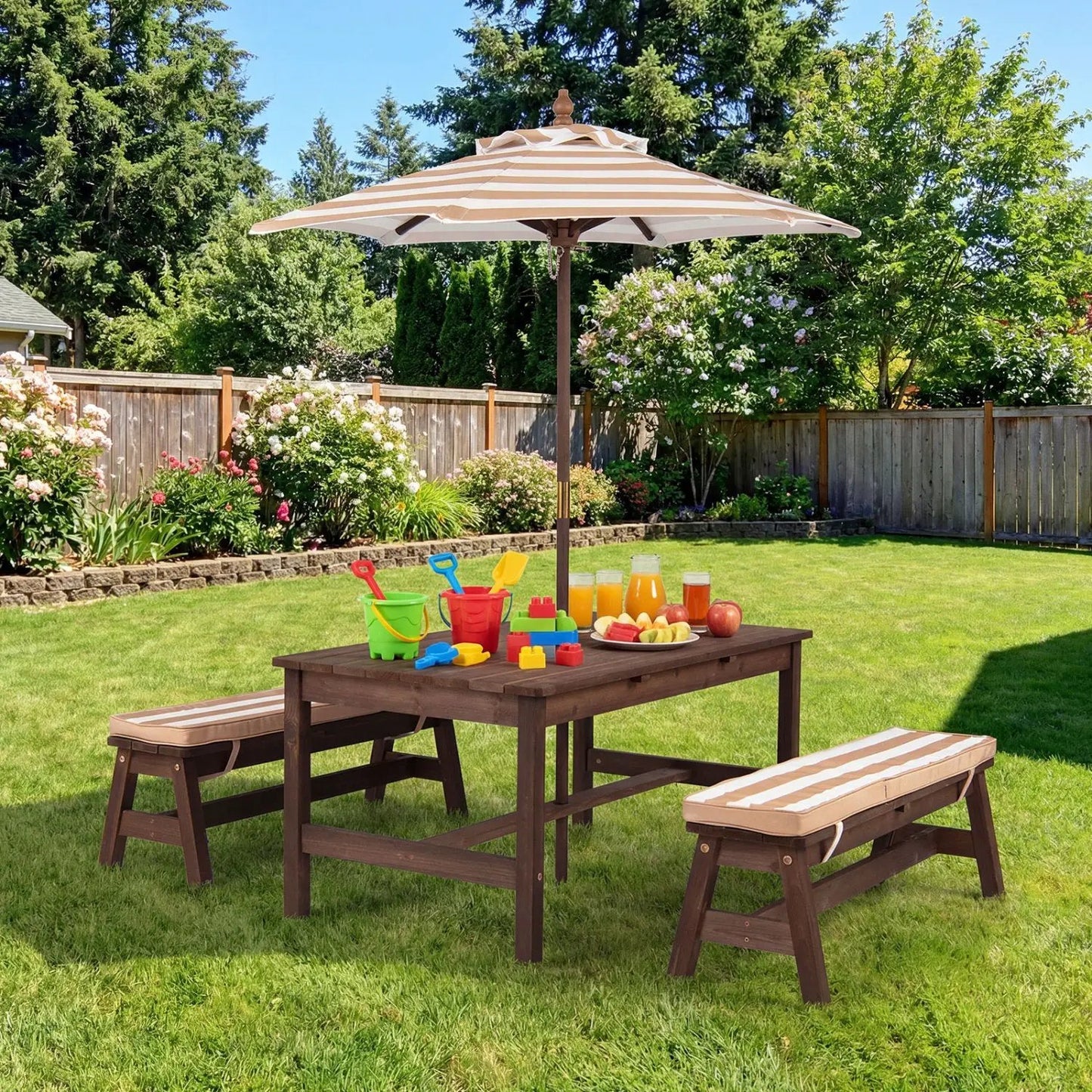 Outdoor Wooden Kids Picnic Table with Umbrella