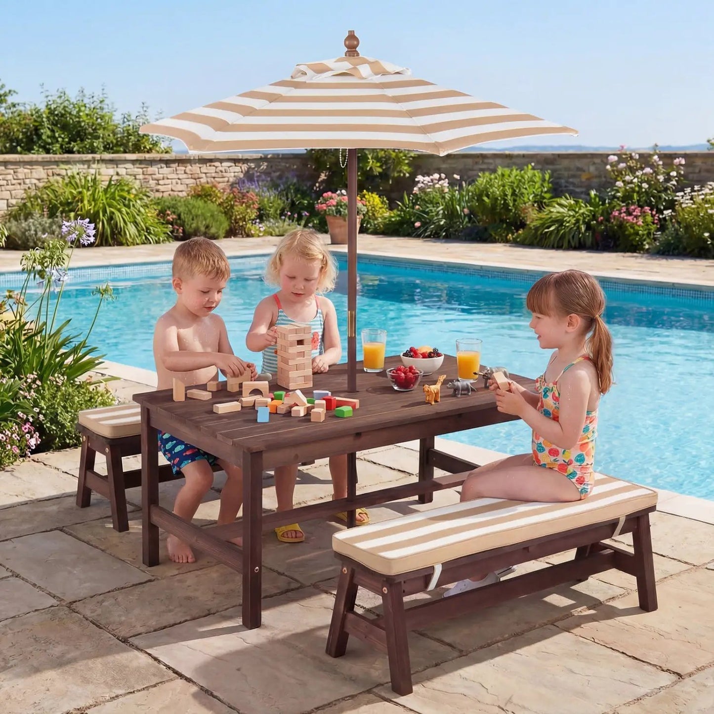 Outdoor Wooden Kids Picnic Table with Umbrella