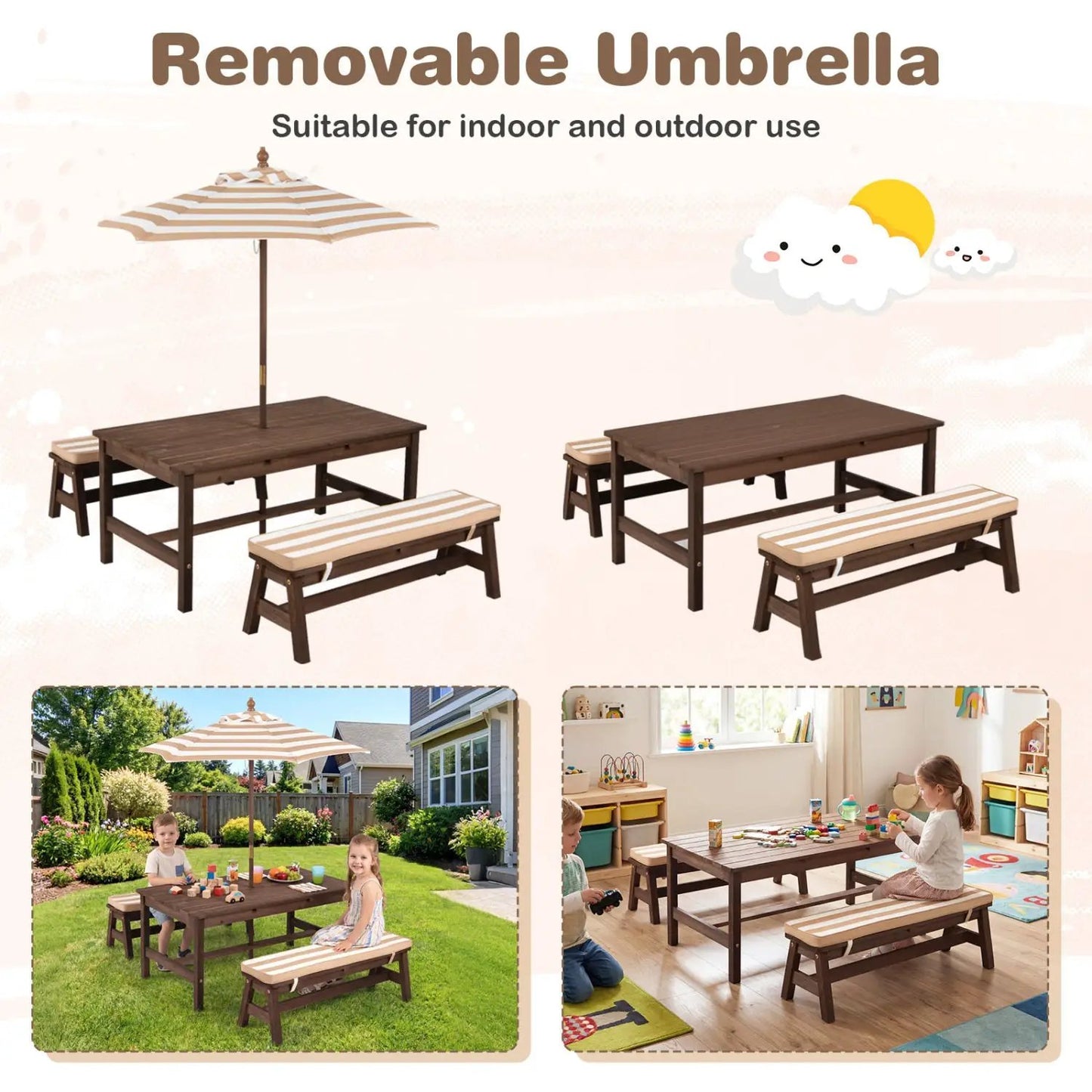 Outdoor Wooden Kids Picnic Table with Umbrella