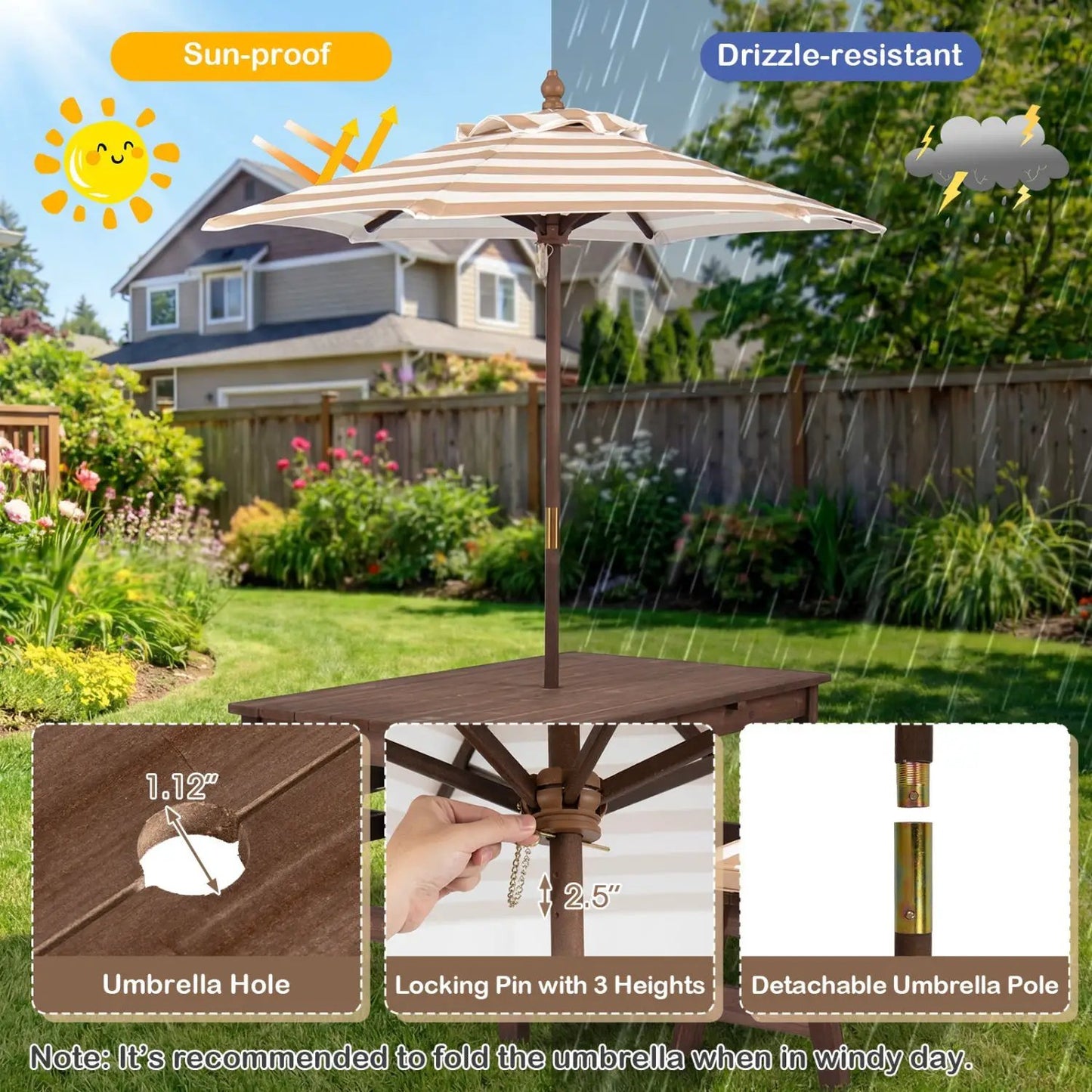 Outdoor Wooden Kids Picnic Table with Umbrella