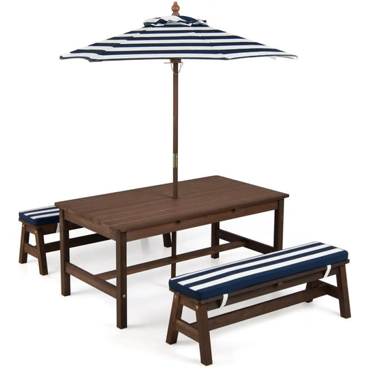 Brown wooden kids picnic table with blue striped umbrella and cushioned benches on Tampa Home & Garden Store