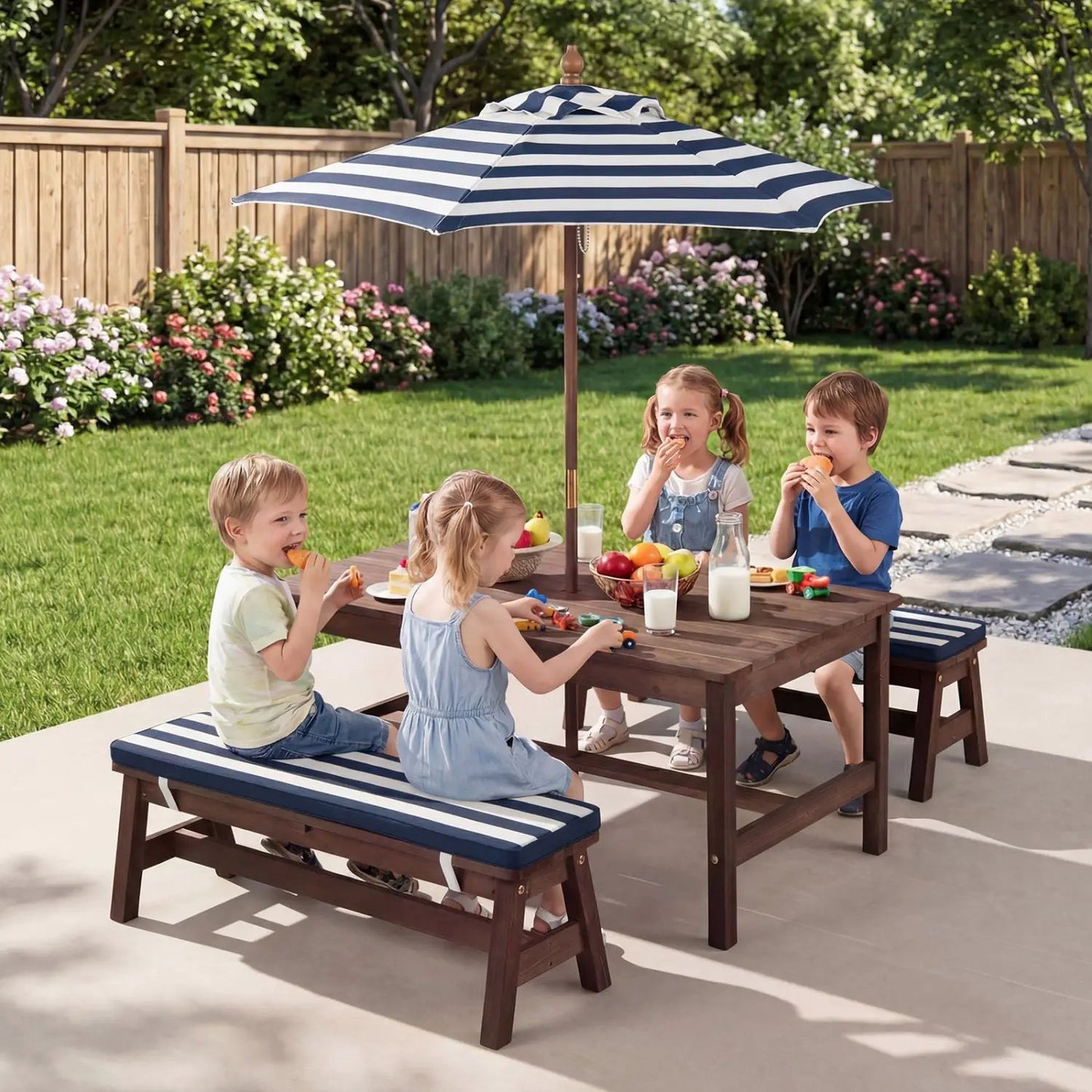 Outdoor Wooden Kids Picnic Table with Umbrella