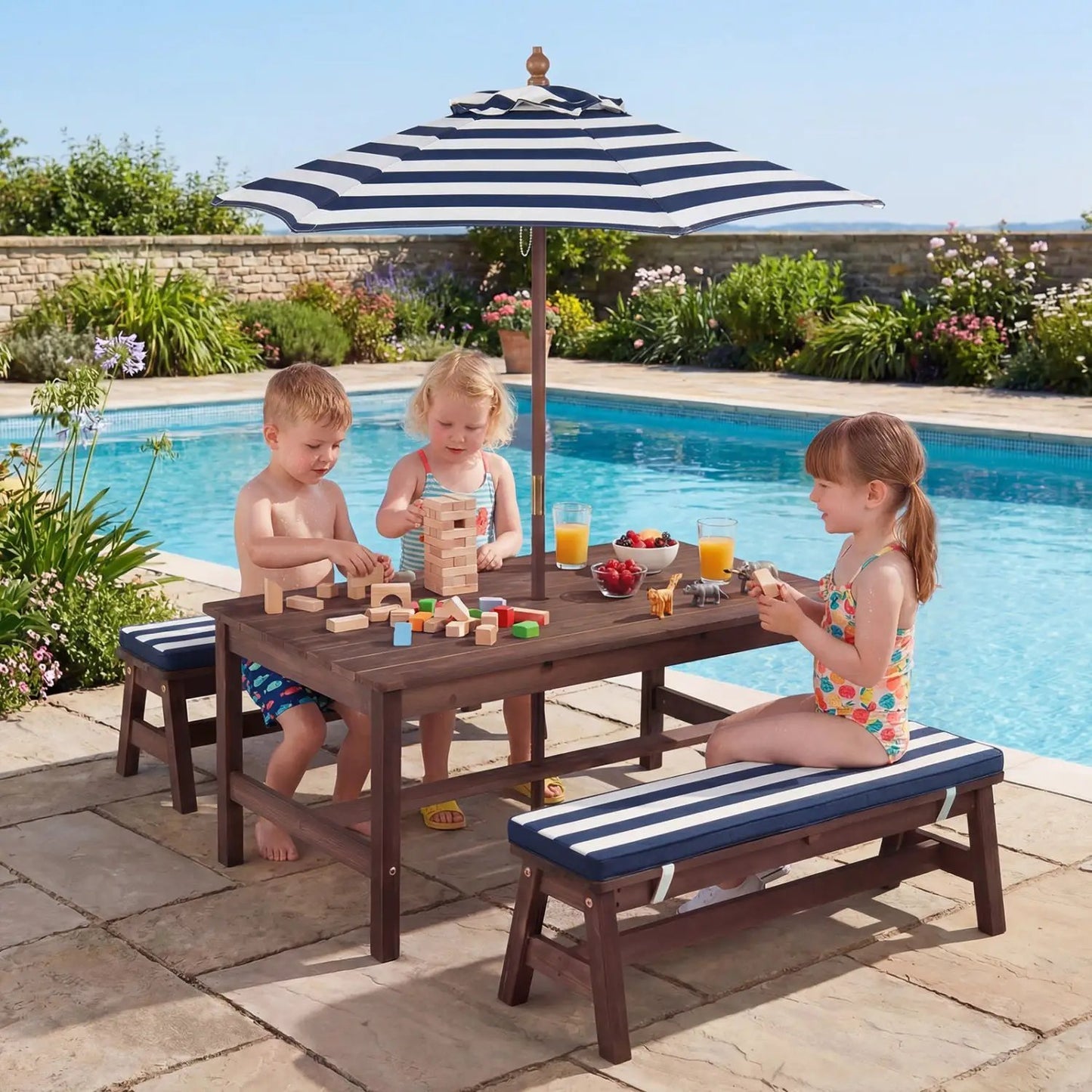 Outdoor Wooden Kids Picnic Table with Umbrella