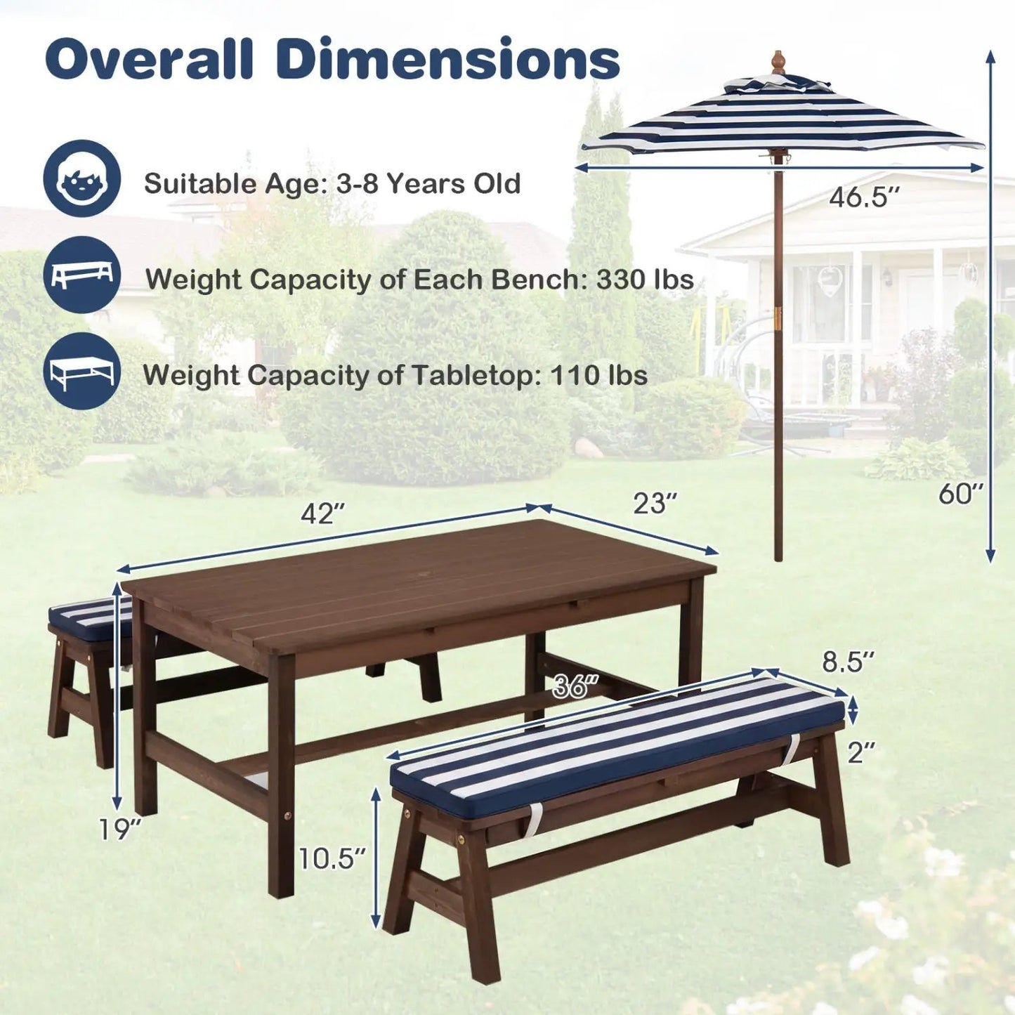 Outdoor Wooden Kids Picnic Table with Umbrella