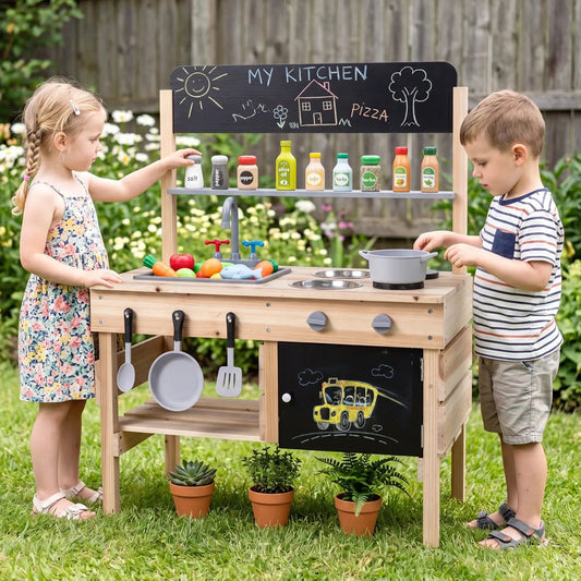 Outdoor wooden mud kitchen for kids with sink and stoves, natural wood finish, chalkboard chalkboard on Tampa Home & Garden Store