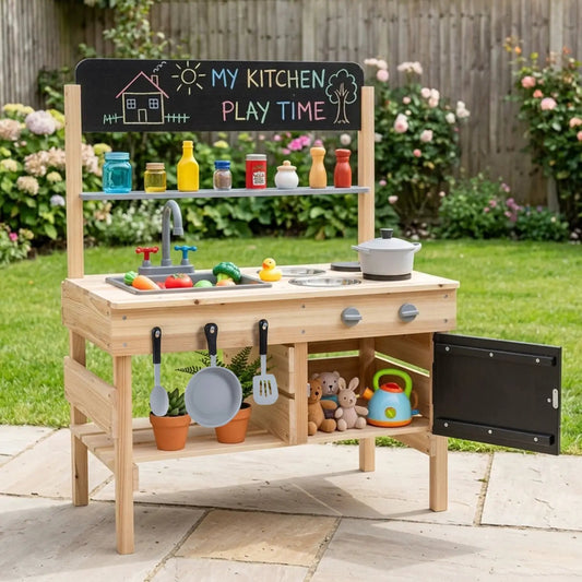 DirectDeals outdoor wooden mud kitchen for kids with sink and stoves, chalkboard back on Tampa Home & Garden Store
