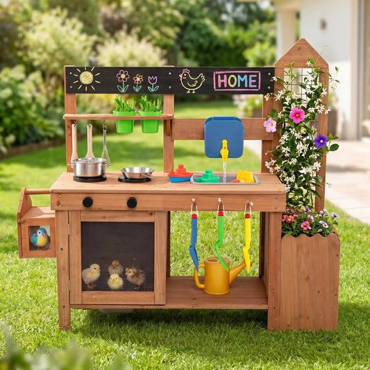 Outdoor wooden mud kitchen with planter box and sink by DirectDeals; green pots blue faucet on Tampa Home & Garden Store