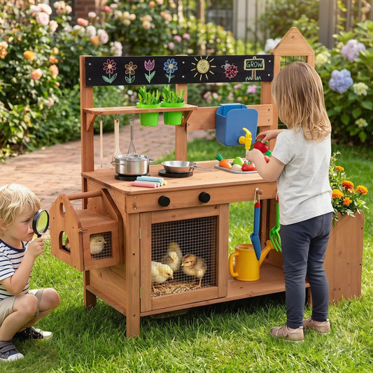 Outdoor wooden mud kitchen with planter box and sink playset by DirectDeals with chalkboard panel on Tampa Home & Garden Store
