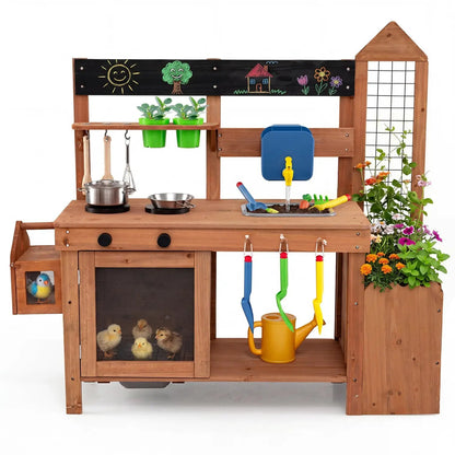 Outdoor Wooden Mud Kitchen with Planter and Sink