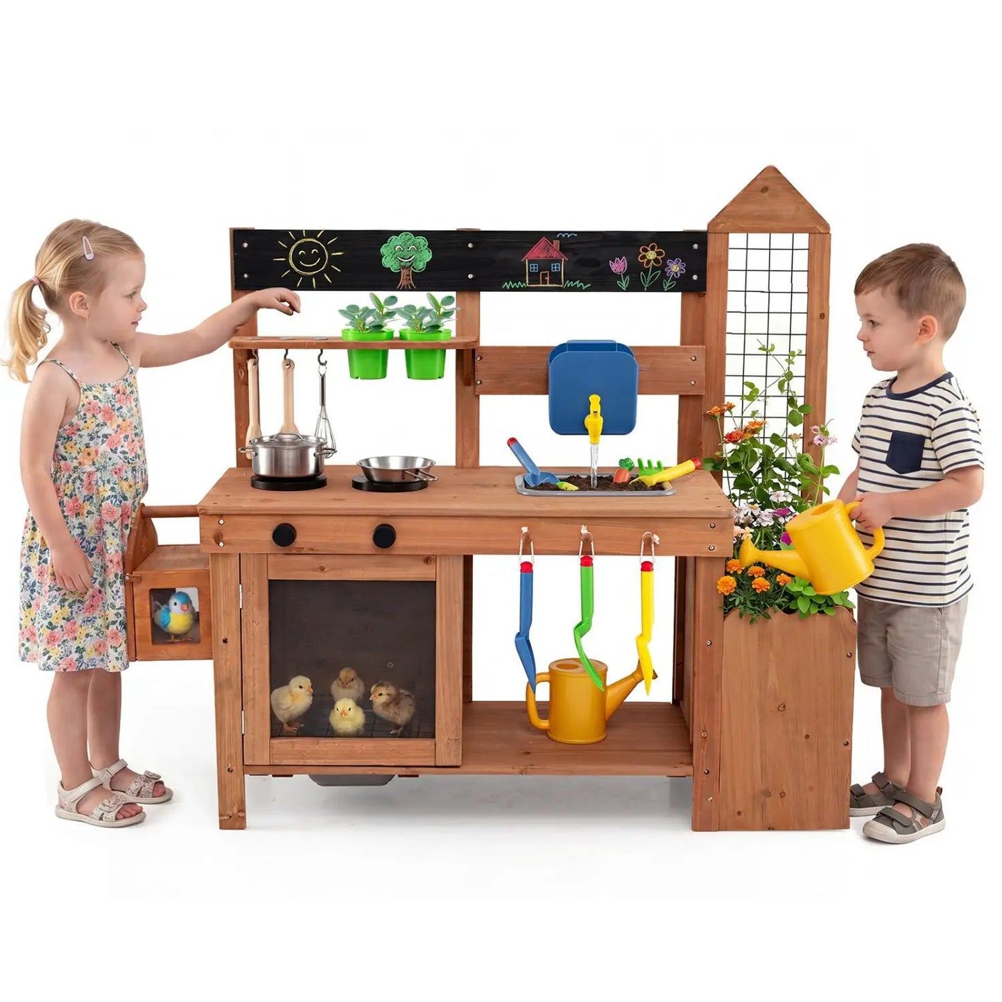 Outdoor Wooden Mud Kitchen with Planter and Sink