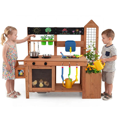Outdoor Wooden Mud Kitchen with Planter and Sink