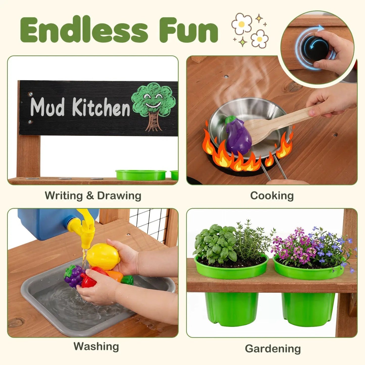 Outdoor Wooden Mud Kitchen with Planter and Sink
