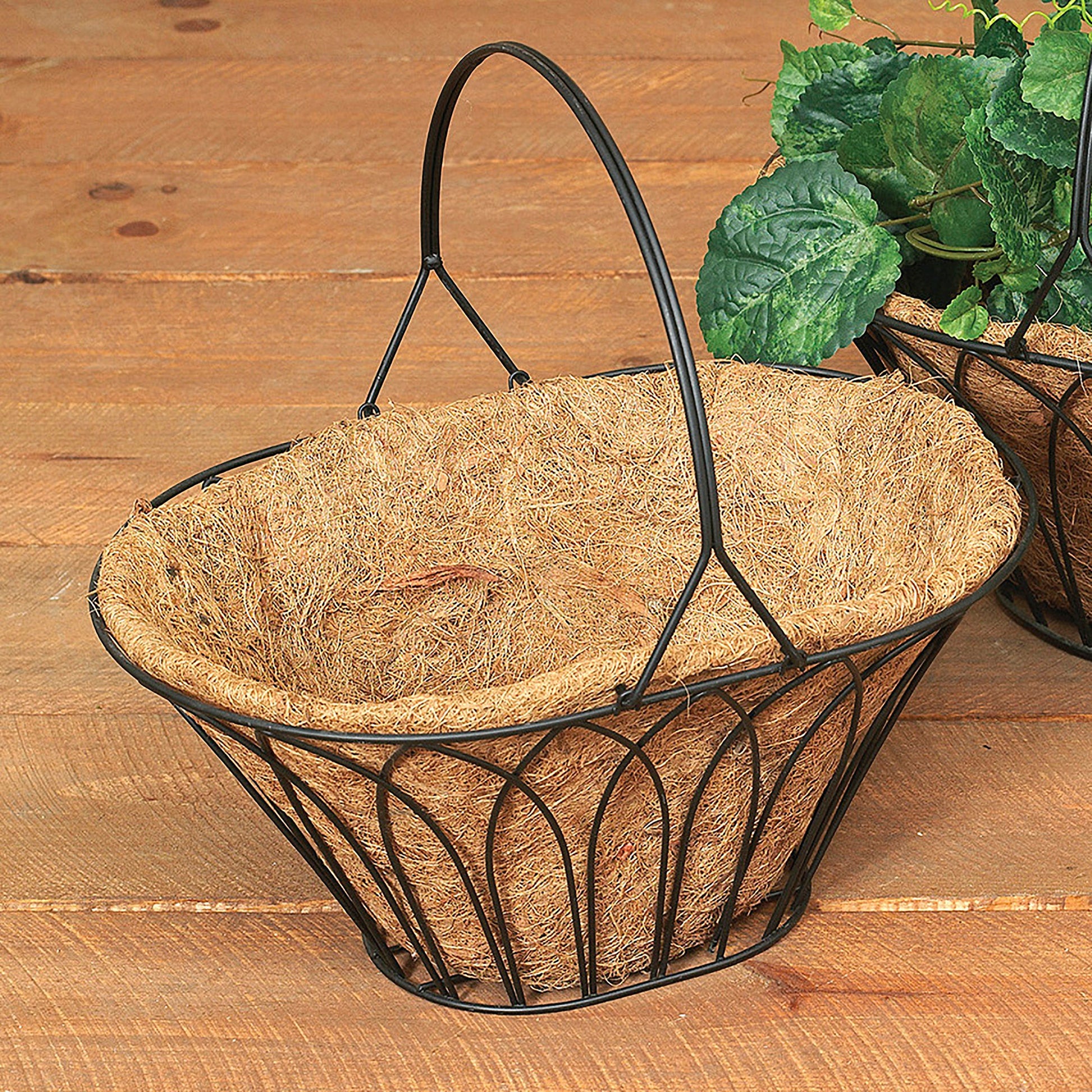 Oval Black Metal Wire Handle Basket with Coco Mat Liner - 15-Inch Long - Tampa Home & Garden Store
