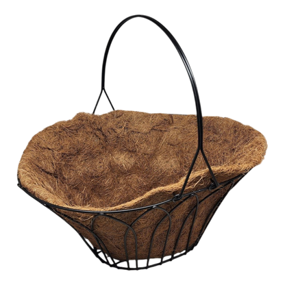 Oval Black Metal Wire Handle Basket with Coco Mat Liner - 15-Inch Long - Tampa Home & Garden Store