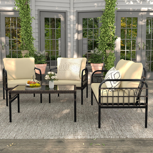 4 Pieces Outdoor Wicker Conversation Bistro Set with Soft Cushions and Tempered Glass Coffee Table-Beige - Tampa Home & Garden Store
