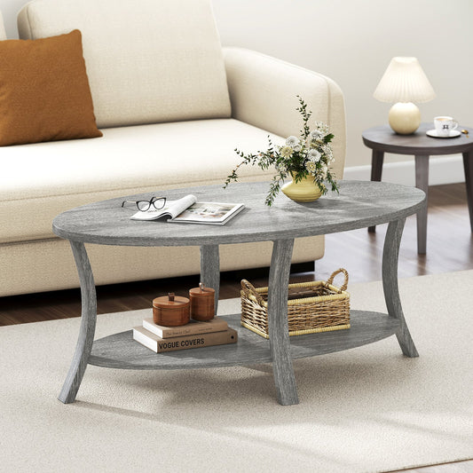 Oval Coffee Table 2-Tier Center Table with Storage Shelf-Gray - Tampa Home & Garden Store