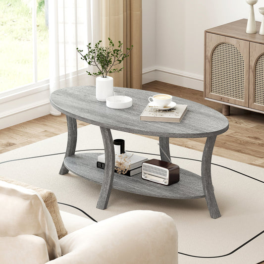 Oval Coffee Table 2-Tier Center Table with Storage Shelf-Gray - Tampa Home & Garden Store