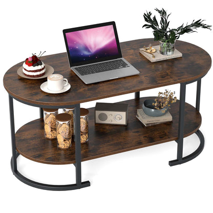 Oval Coffee Table 2-Tier Wooden Accent Table with Spacious Tabletop and Open Storage Shelf