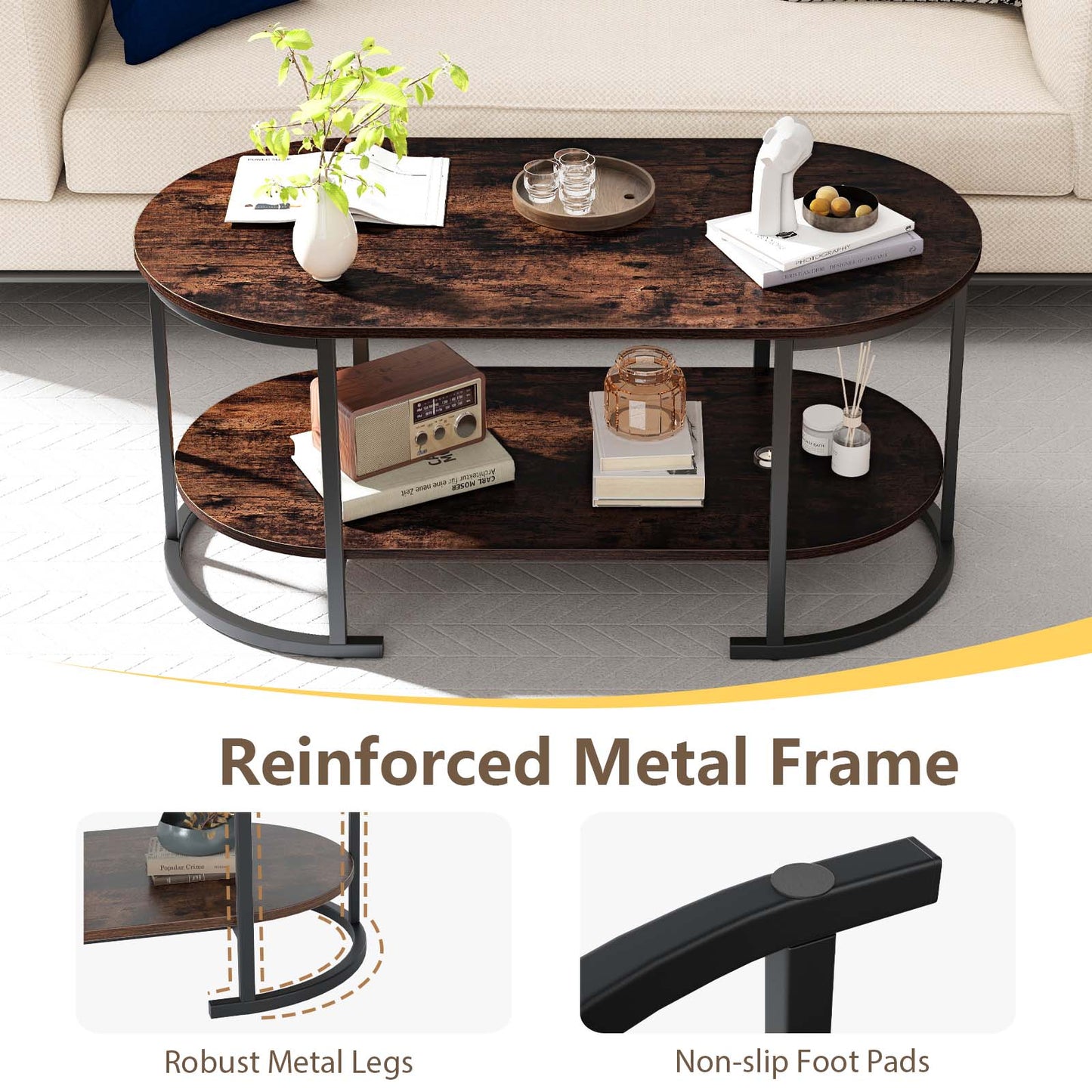Oval Coffee Table 2-Tier Wooden Accent Table with Spacious Tabletop and Open Storage Shelf