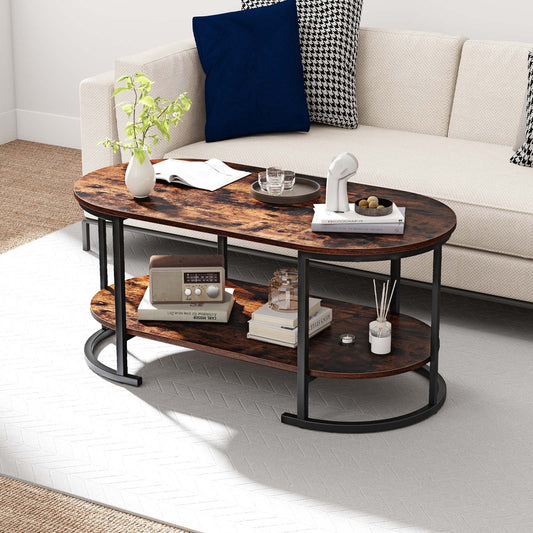 Oval Coffee Table 2-Tier Wooden Accent Table with Spacious Tabletop and Open Storage Shelf - Tampa Home & Garden Store