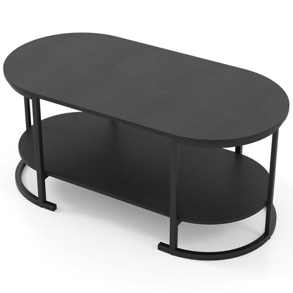 Oval Coffee Table 2-Tier Wooden Accent Table with Spacious Tabletop and Open Storage Shelf