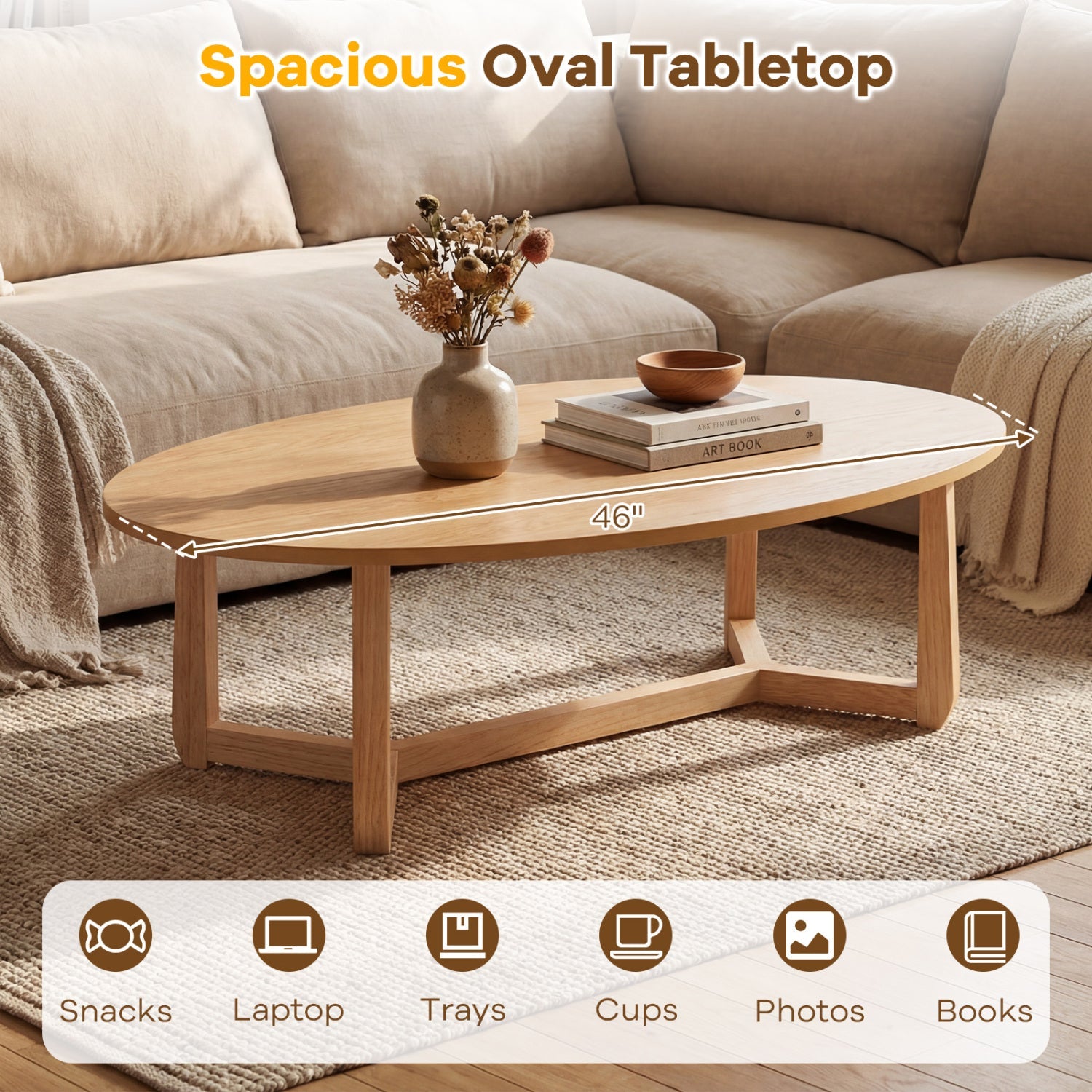 DirectDeals oval coffee table 46 inches with a thickened light wood top in a beige living room on Tampa Home & Garden Store
