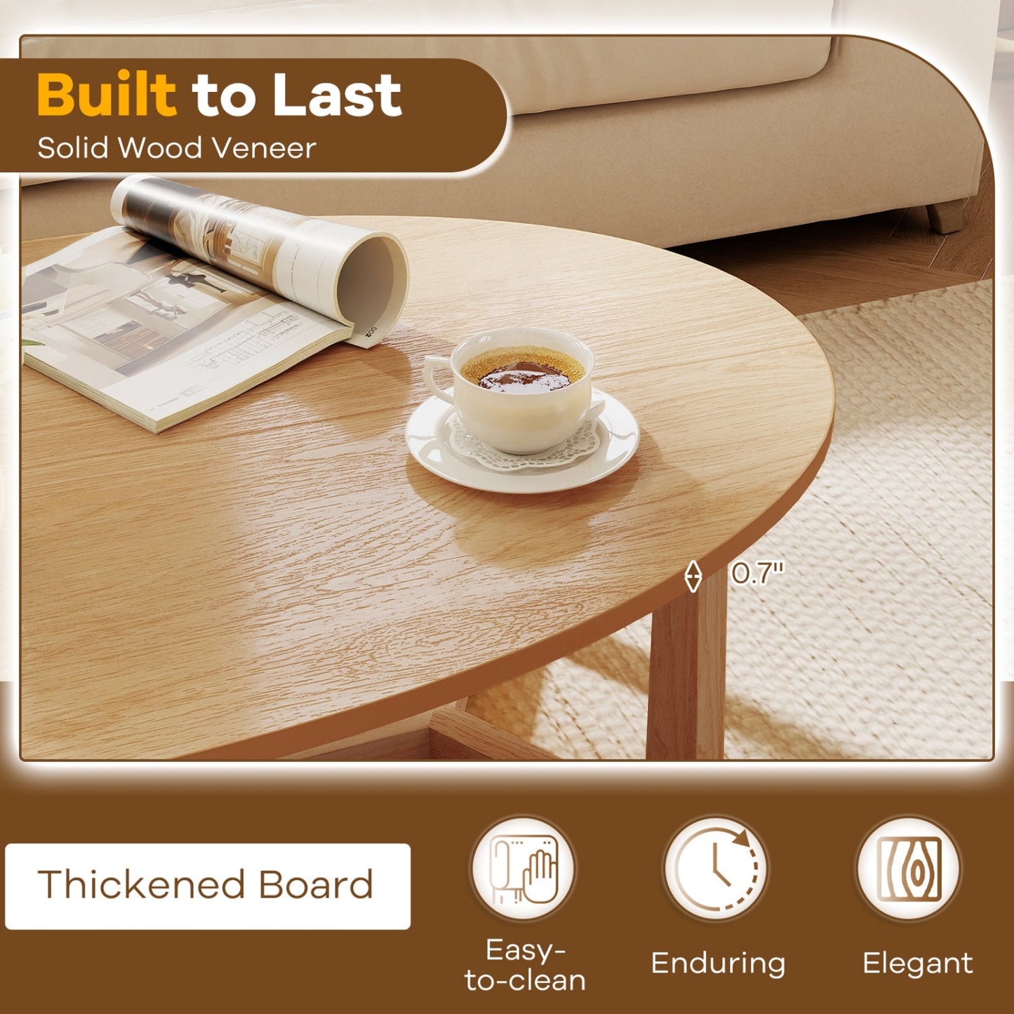 Oval coffee table 46 inches in natural wood veneer with thickened top DirectDeals on Tampa Home & Garden Store