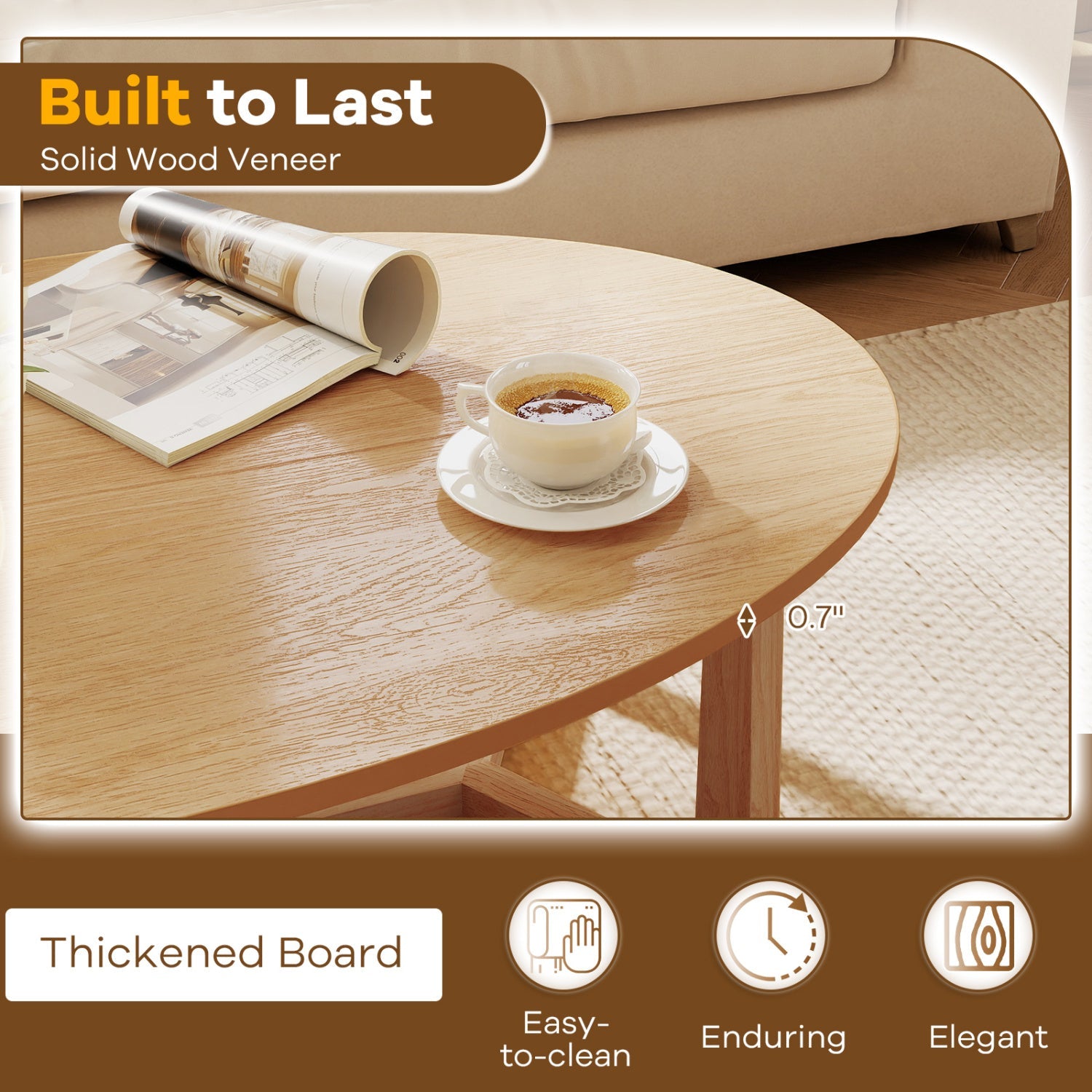 Oval coffee table 46 inches in natural wood veneer with thickened top DirectDeals on Tampa Home & Garden Store