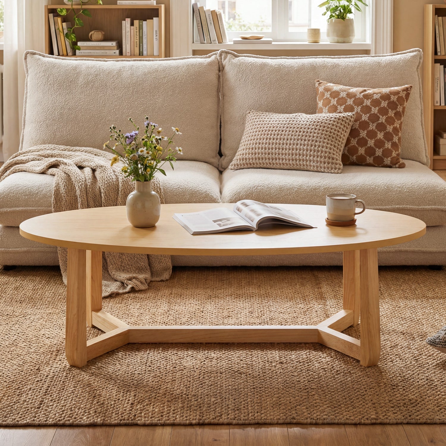 Oval wooden coffee table 46 inches with thick top in light natural wood on Tampa Home & Garden Store