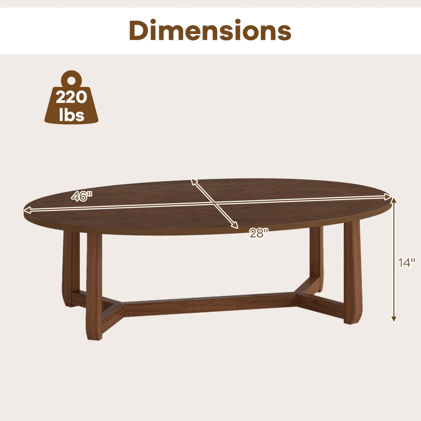 Oval coffee table, brown wood, DirectDeals, 46in long x 28in wide, 14in tall on Tampa Home & Garden Store