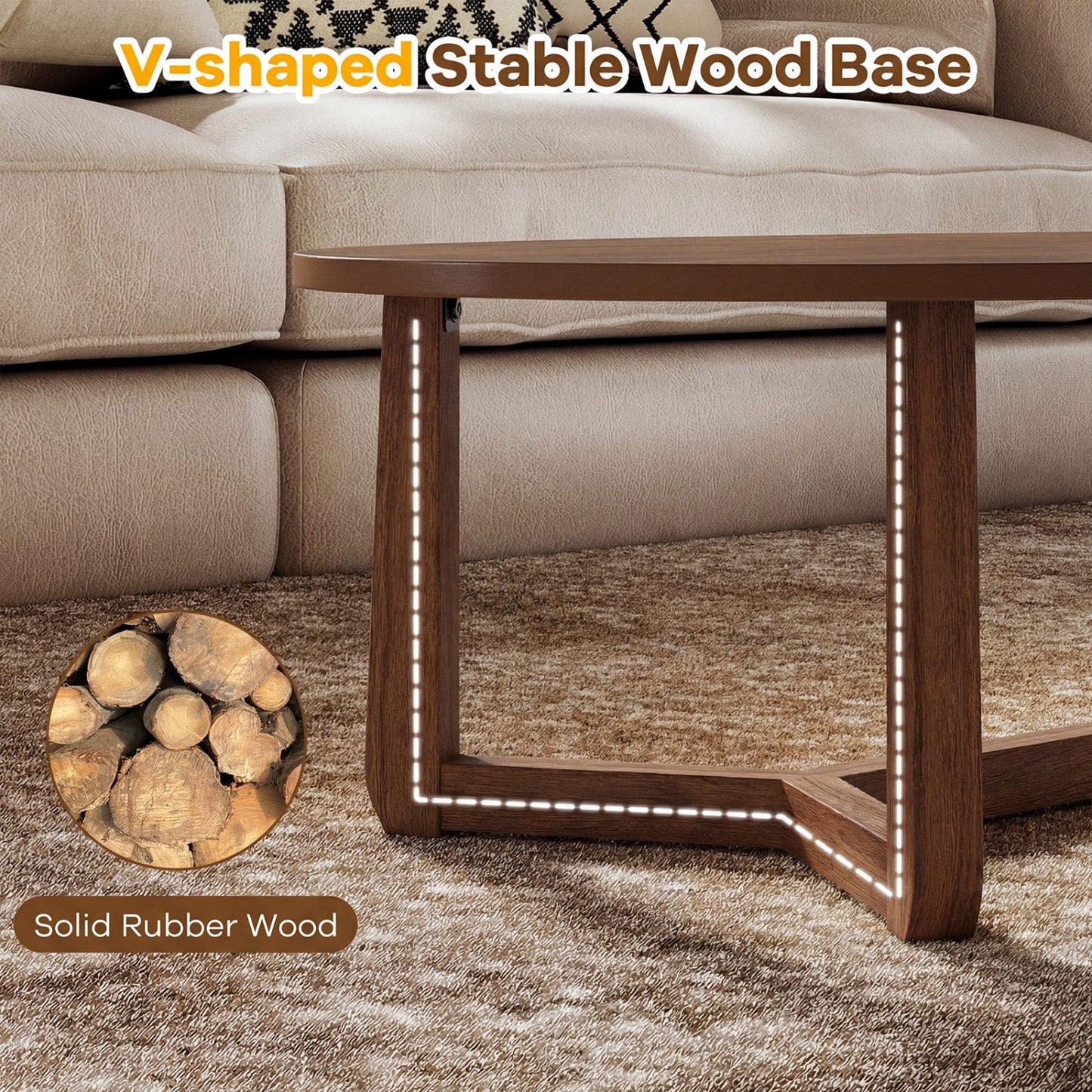 Oval coffee table 46 inches, brown solid rubber wood with thickened top, DirectDeals on Tampa Home & Garden Store